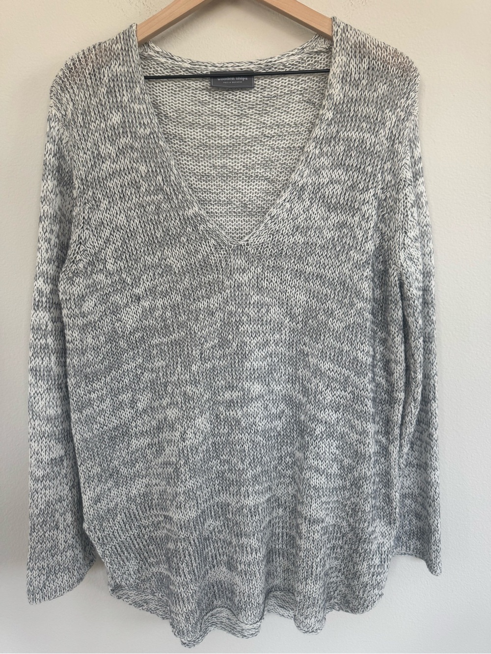 Wooden Ships Paola Brenda Marled V Neck Cotton Sweater Gray White M/L